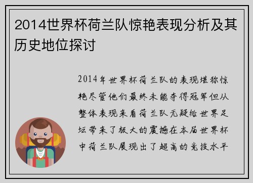 2014世界杯荷兰队惊艳表现分析及其历史地位探讨